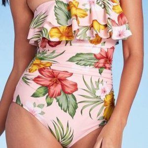 Kona Sol Floral Double Flounce Front High Coverage One Piece Light Pink